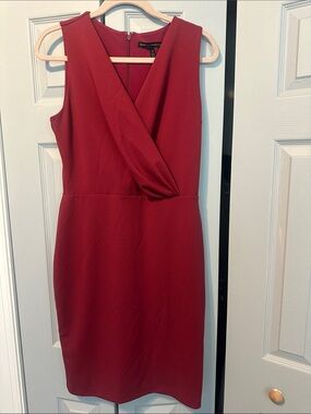 White House Black Market Sleeveless Red V-Neck Midi Sheath Dress
